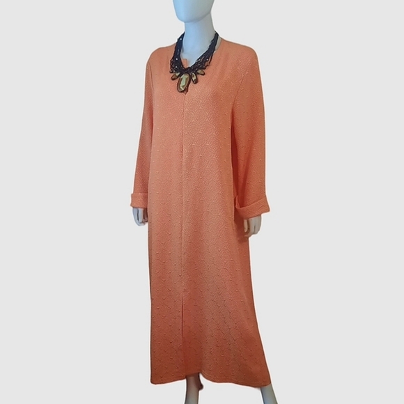 DIAMOND TEA Vintage Zip Front Jacquard Long Sleeve Maxi Caftan Dress Sz L Peach - Picture 2 of 9